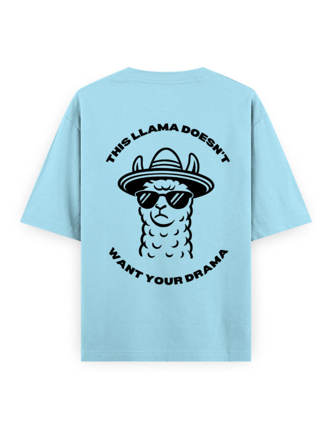 llama and no drama attitude humour graphic light blue oversized t-shirt