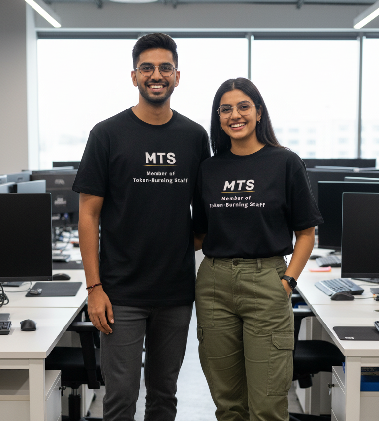 Two smiling programmers standing in an office, both wearing matching black graphic t-shirts that read 'MTS Member of Token Burning Staff