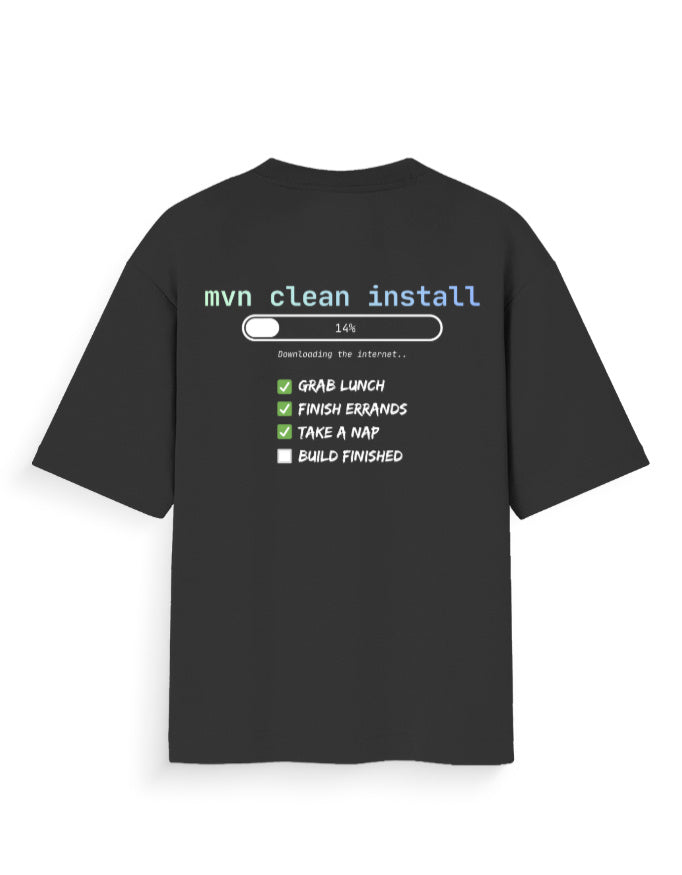Black oversized tee shirt with a dev joke around time taken by mvn clean install