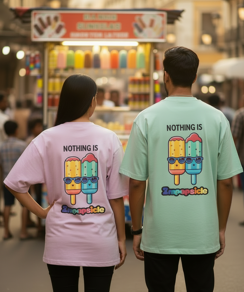 Models wearing the oversized graphic t-shirts showing Nothing is Impopsicle.