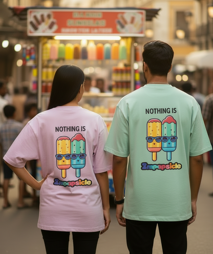 Models wearing the oversized graphic t-shirts showing Nothing is Impopsicle.