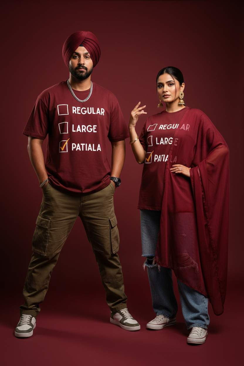 A man and a woman modeling matching maroon t-shirts with a white checklist graphic that reads 'REGULAR', 'LARGE', and 'PATIALA'.