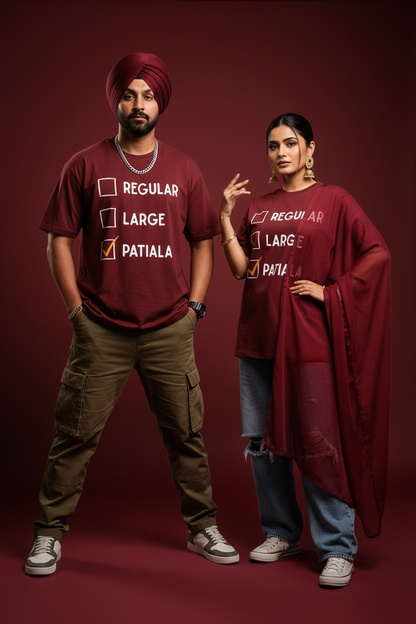 A man and a woman modeling matching maroon t-shirts with a white checklist graphic that reads 'REGULAR', 'LARGE', and 'PATIALA'.