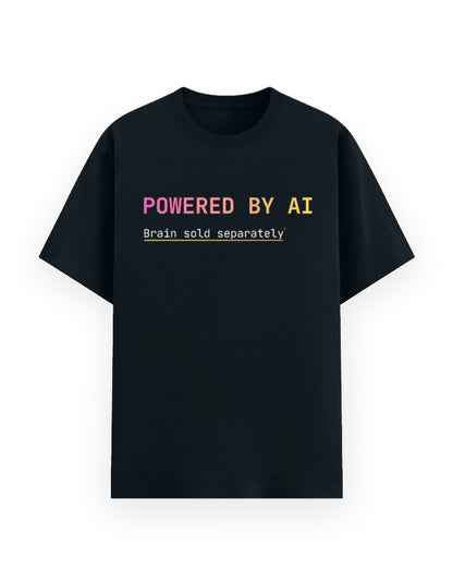 Navy blue classic t-shirt with a dev joke stating developer is powered by ai, their brain is sold separately