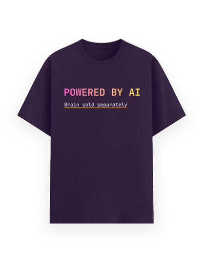 Purple classic t-shirt with a dev joke stating developer is powered by ai, their brain is sold separately