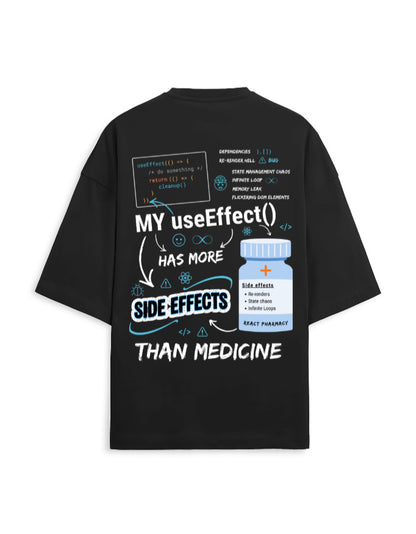 React developer limited edition merchandising depicting their day to day lives in a black oversized t-shirt