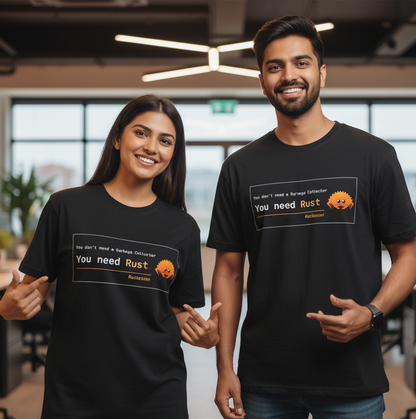 Two developers wearing black classic t-shirts promoting rust language with a quote - you don’t need garbage collector, you need rust