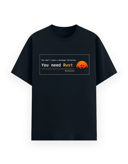 Navy blue classic t-shirt promoting rust language with a quote - you don’t need garbage collector, you need rust