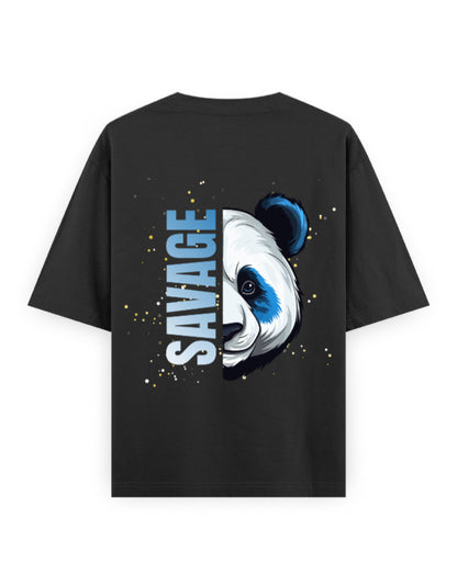 Black oversized t-shirt with a panda graphic and 'Savage' text on the back