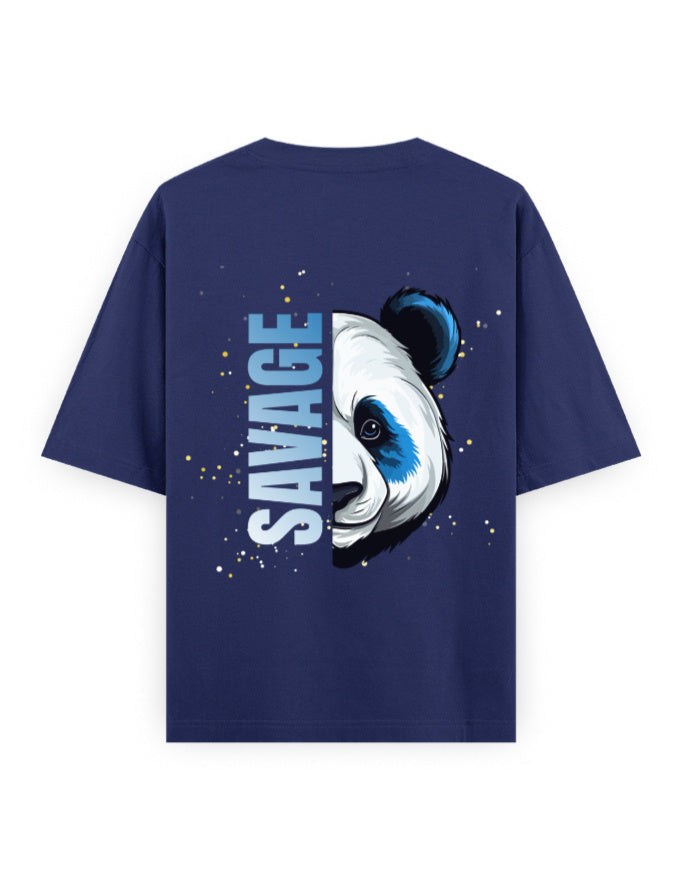 Blue oversized t-shirt with a panda graphic and 'Savage' text on the back