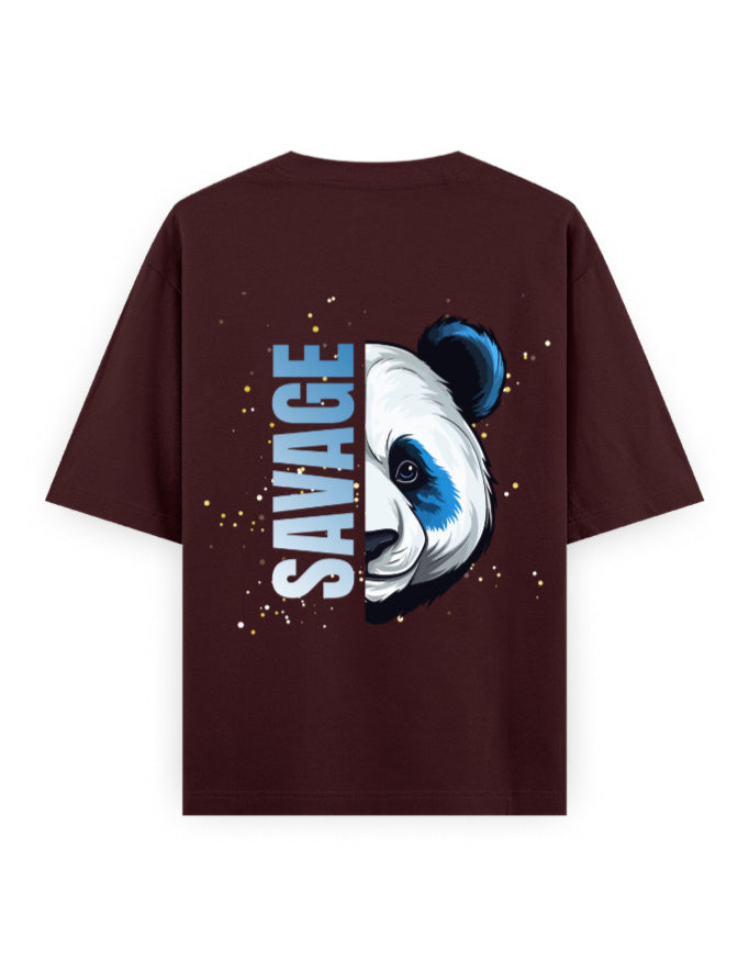 Maroon oversized t-shirt with a panda graphic and 'Savage' text on the back
