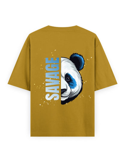Mustard yellow oversized t-shirt with a panda graphic and 'Savage' text on the back