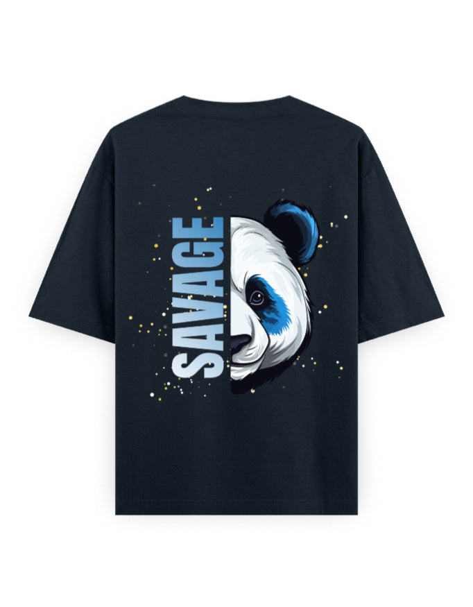 Navy blue oversized t-shirt with a panda graphic and 'Savage' text on the back