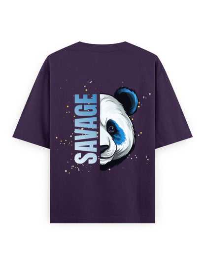 Purple oversized t-shirt with a panda graphic and 'Savage' text on the back