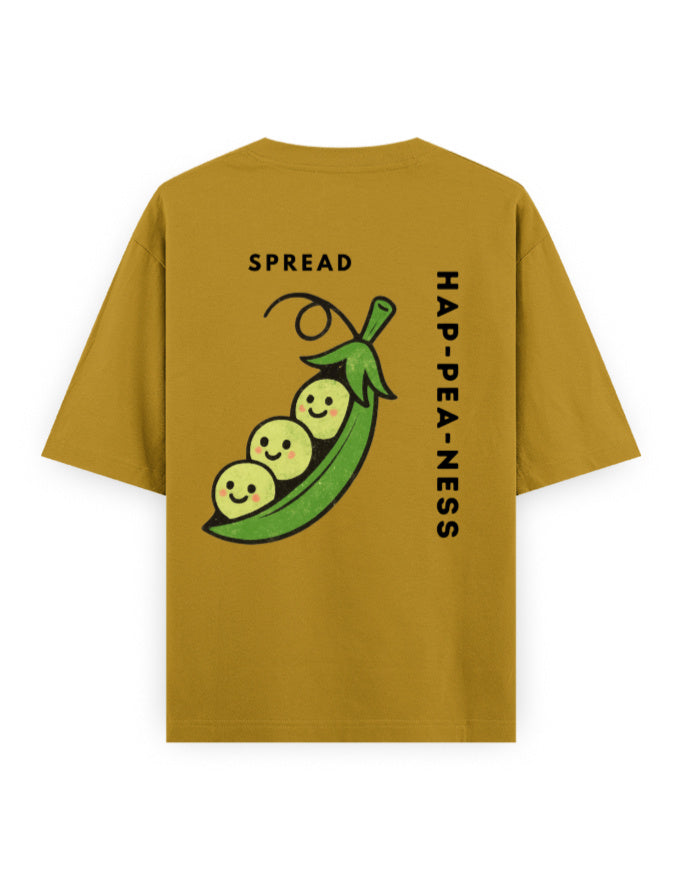 spread hap-pea-ness humour graphic mustard yellow oversized t-shirt