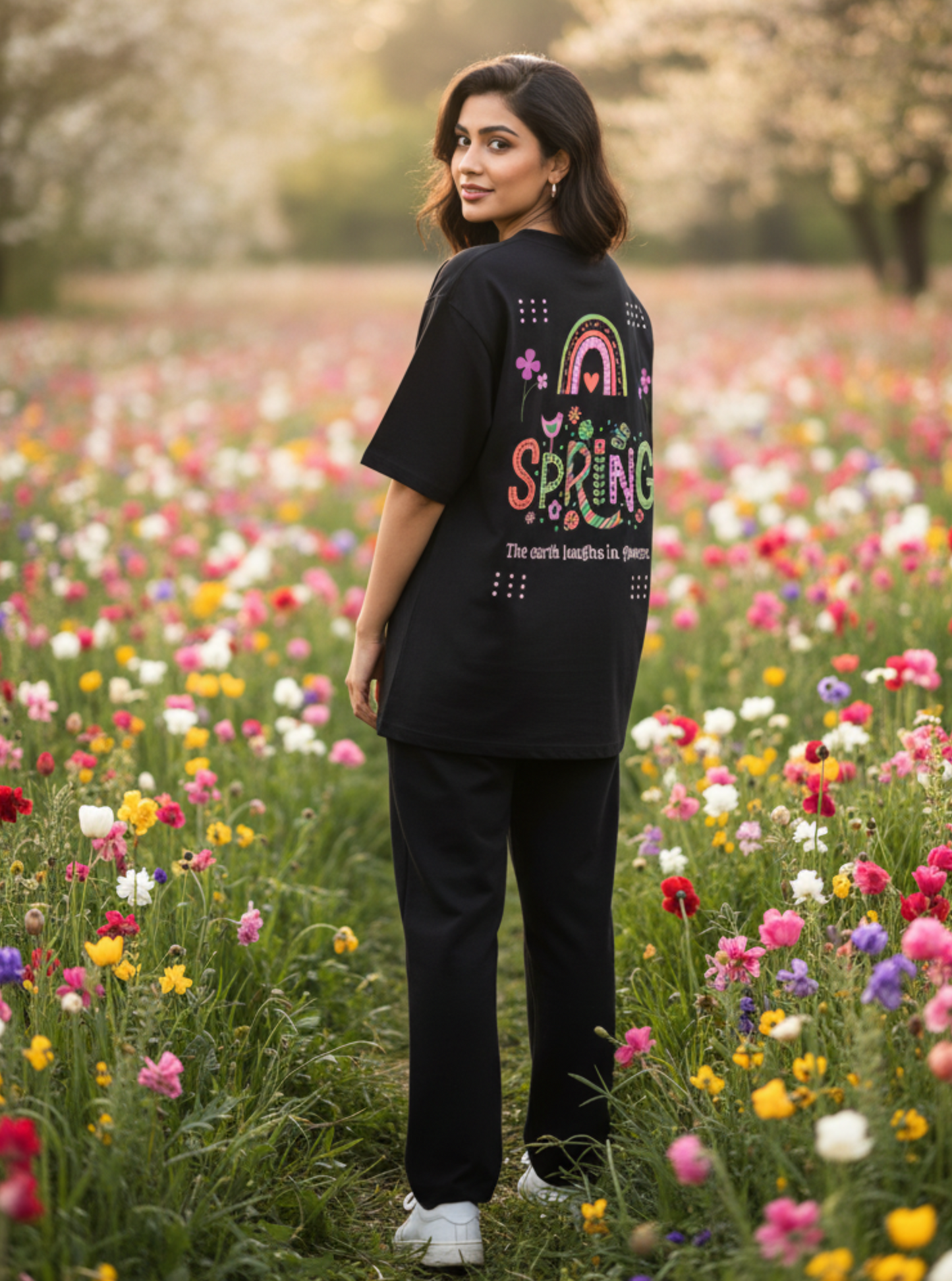 Model wearing spring earth flowers floral black oversized t-shirt