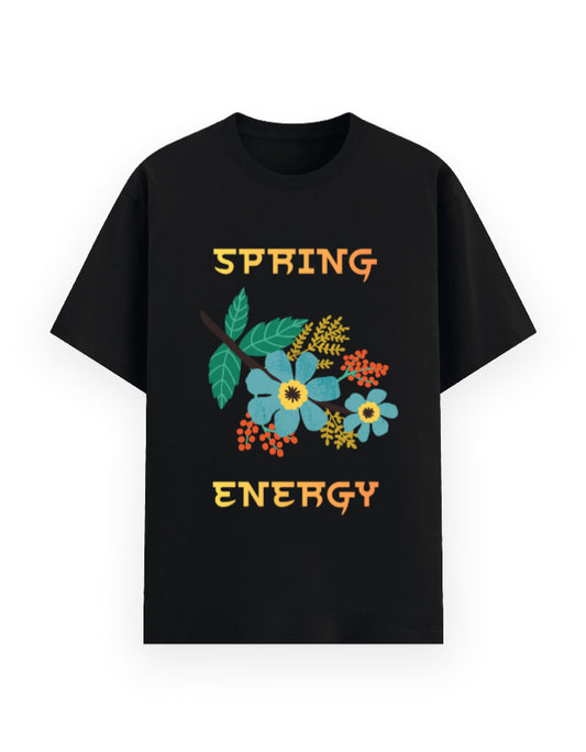 Black classic  t-shirt with 'Spring Energy' text and floral design