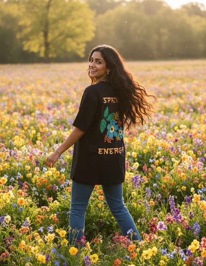 Model wearing spring energy floral black oversized t-shirt