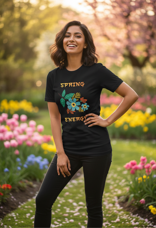 Model wearing Spring Energy floral black classic t-shirt