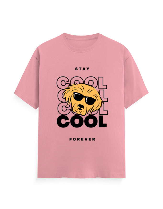Flamingo pink classic tee featuring a graphic of a cool dog with sunglasses with quote - ‘Stay Cool Forever’