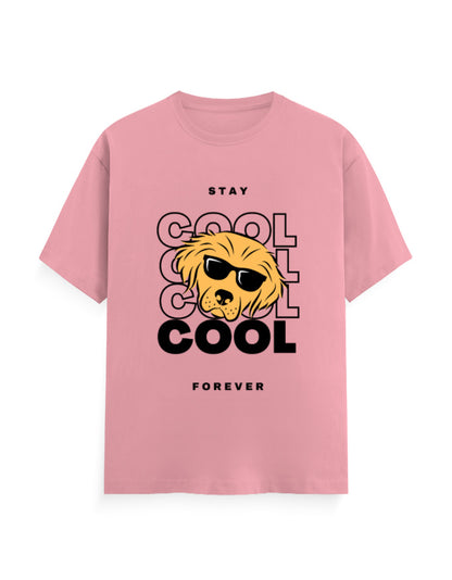 Flamingo pink classic tee featuring a graphic of a cool dog with sunglasses with quote - ‘Stay Cool Forever’