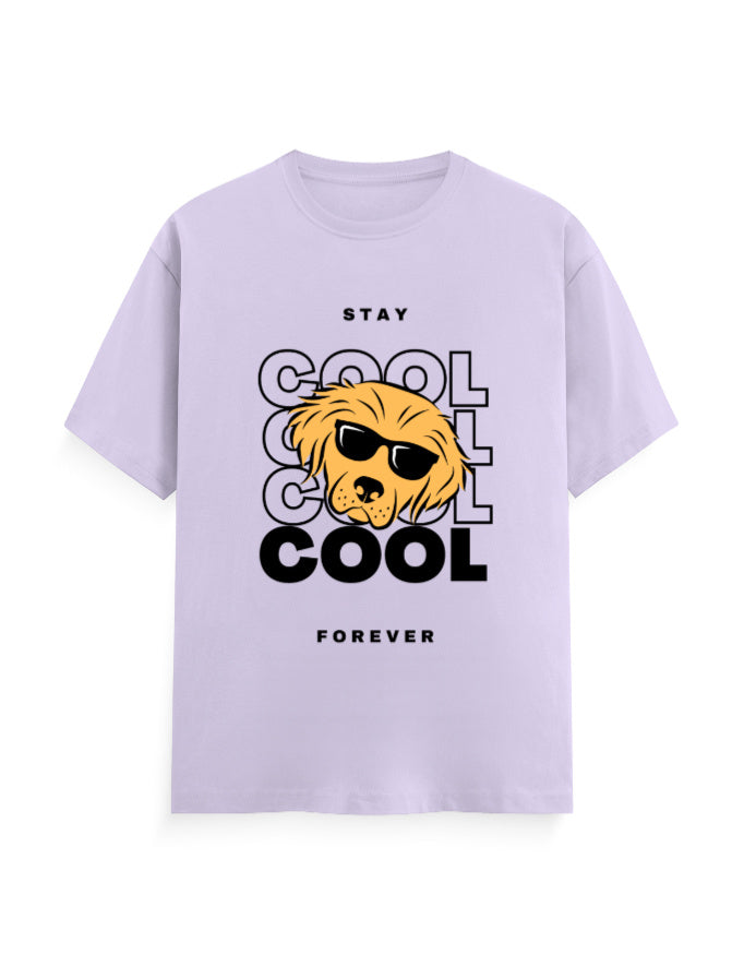 Lavender classic tee featuring a graphic of a cool dog with sunglasses with quote - ‘Stay Cool Forever’