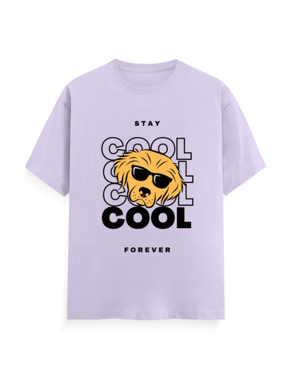 Lavender classic tee featuring a graphic of a cool dog with sunglasses with quote - ‘Stay Cool Forever’