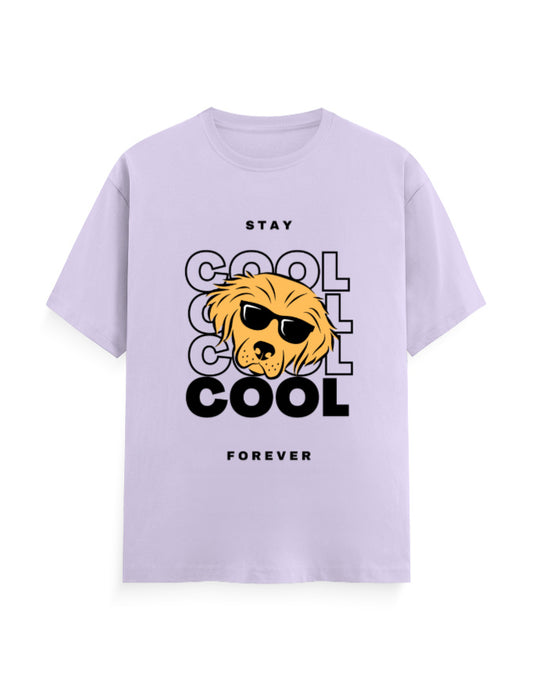 Lavender classic tee featuring a graphic of a cool dog with sunglasses with quote - ‘Stay Cool Forever’