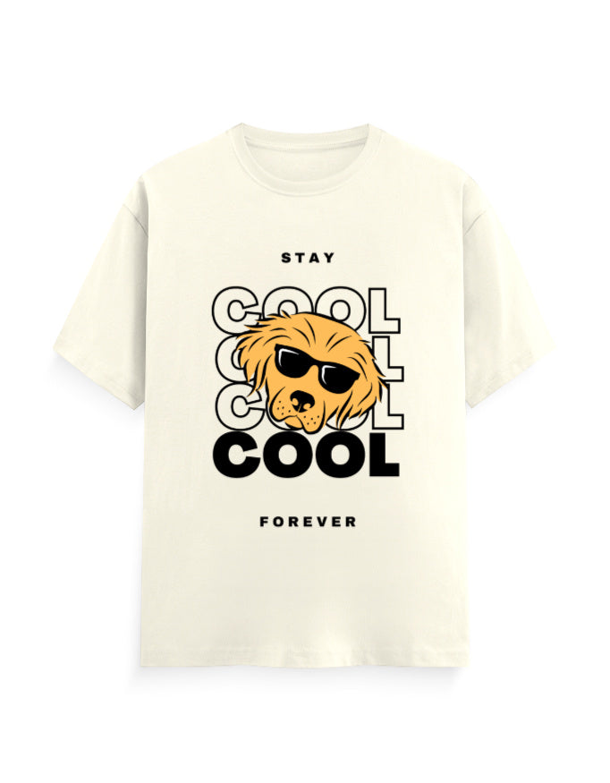 Off white classic t-shirt featuring a graphic of a cool dog with sunglasses with quote - ‘Stay Cool Forever’