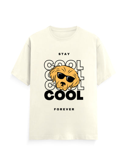 Off white classic t-shirt featuring a graphic of a cool dog with sunglasses with quote - ‘Stay Cool Forever’