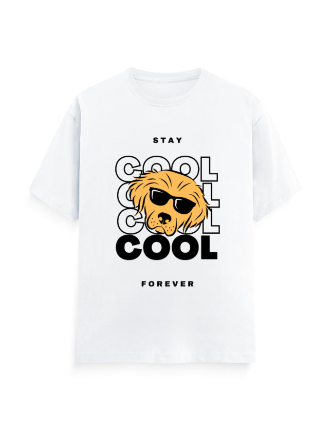 White classic t-shirt featuring a graphic of a cool dog with sunglasses with quote - ‘Stay Cool Forever’