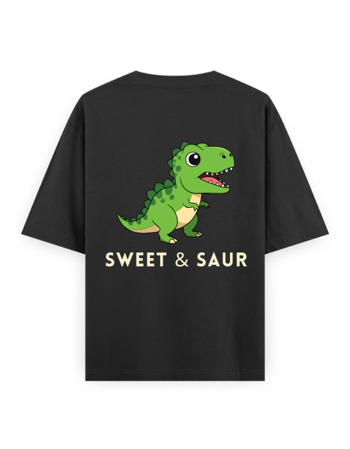 sweet and saur dinasaur humour graphic black oversized t-shirt
