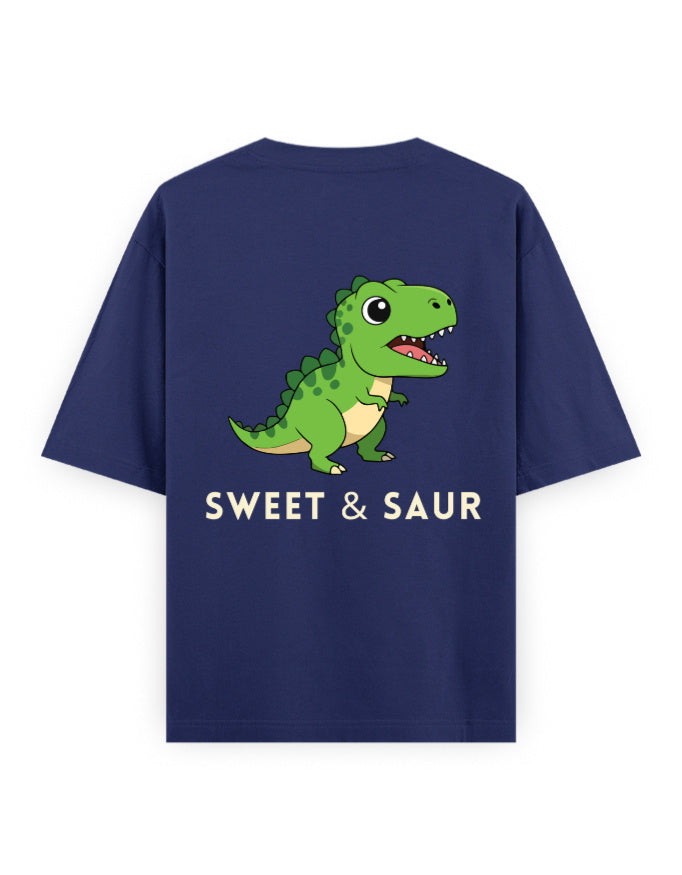 sweet and saur dinasaur humour graphic blue oversized t-shirt