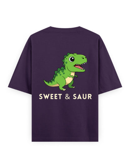 sweet and saur dinasaur humour graphic purple oversized t-shirt