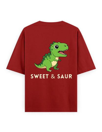 sweet and saur dinasaur humour graphic red oversized t-shirt