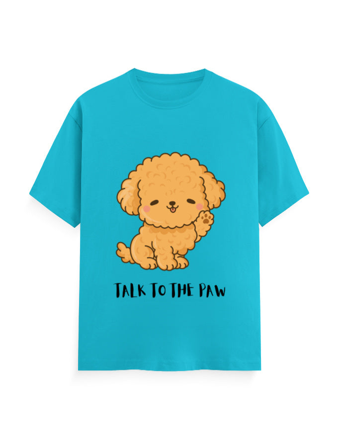 Blue classic t-shirt with a cute dog graphic and quote 'Talk to the Paw'