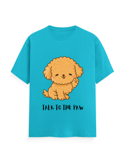 Blue classic t-shirt with a cute dog graphic and quote 'Talk to the Paw'