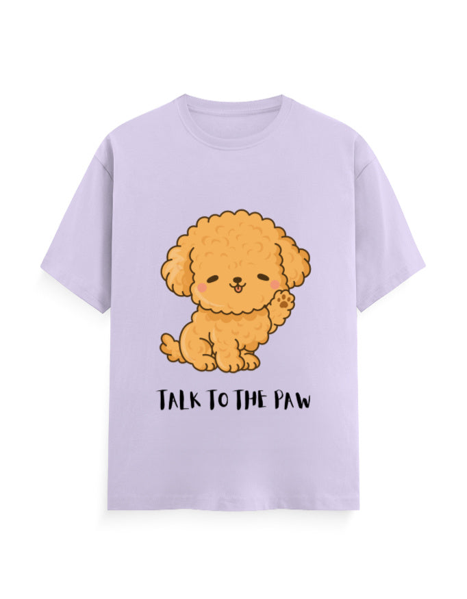 Lavender classic t-shirt with a cute dog graphic and quote 'Talk to the Paw'
