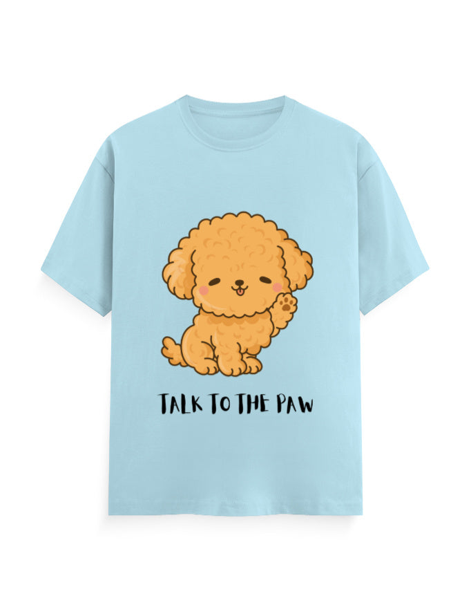 Light blue classic t-shirt with a cute dog graphic and quote 'Talk to the Paw'