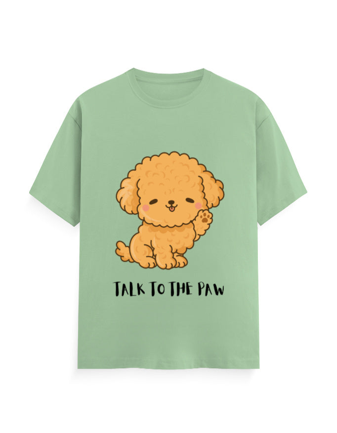 Jade green classic t-shirt with a cute dog graphic and quote 'Talk to the Paw'