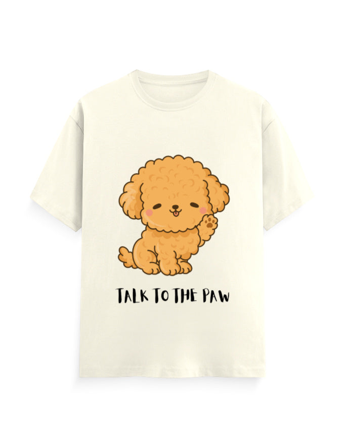 Off-white classic t-shirt with a cute dog graphic and quote 'Talk to the Paw'