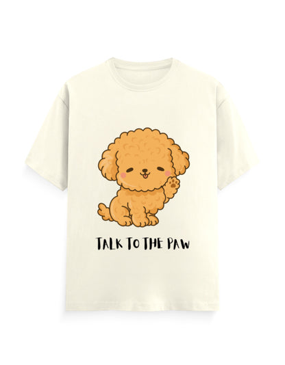 Off-white classic t-shirt with a cute dog graphic and quote 'Talk to the Paw'