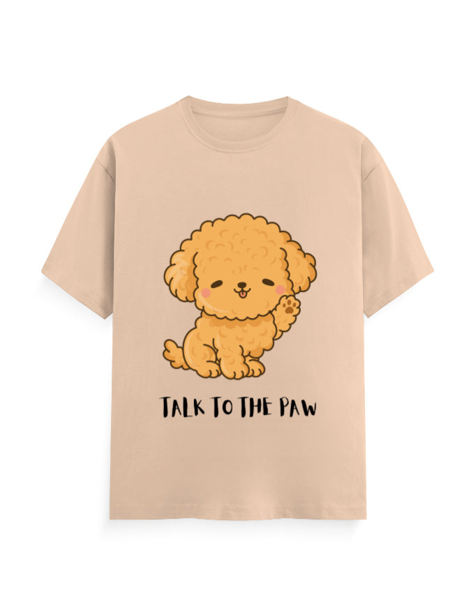 Peach classic t-shirt with a cute dog graphic and quote 'Talk to the Paw'