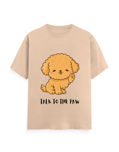 Peach classic t-shirt with a cute dog graphic and quote 'Talk to the Paw'