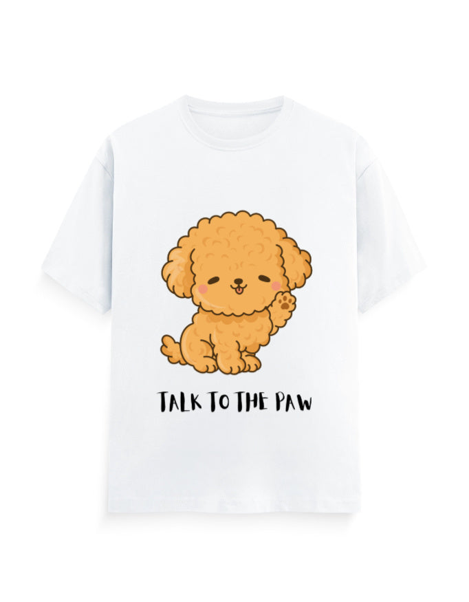 White classic t-shirt with a cute dog graphic and quote 'Talk to the Paw'