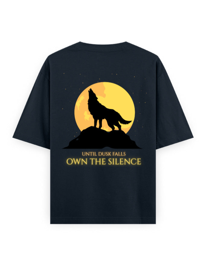 until dusk falls own the silence graphic navy oversized tee