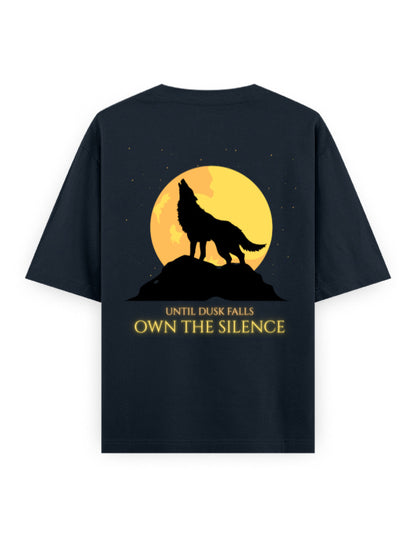 until dusk falls own the silence graphic navy oversized tee