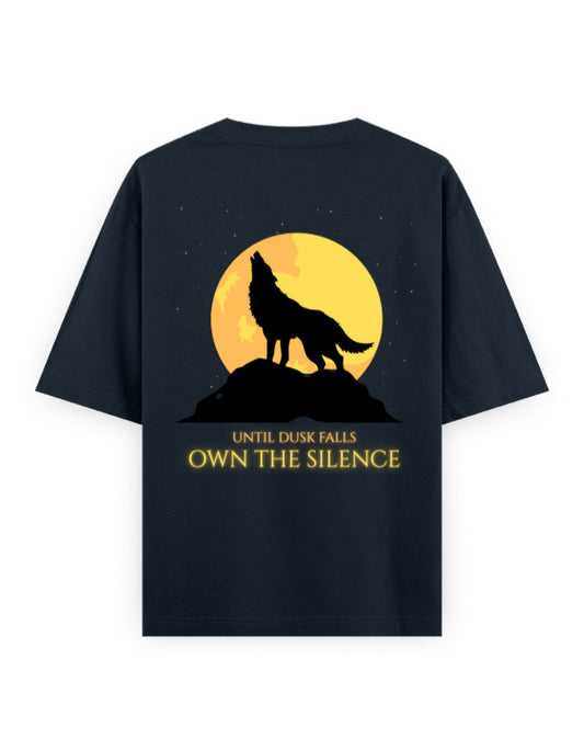 until dusk falls own the silence graphic navy oversized tee