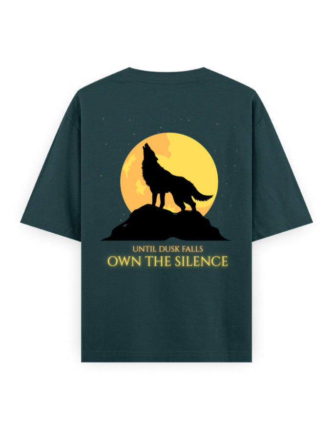 until dusk falls own the silence graphic petrol-blue oversized tee