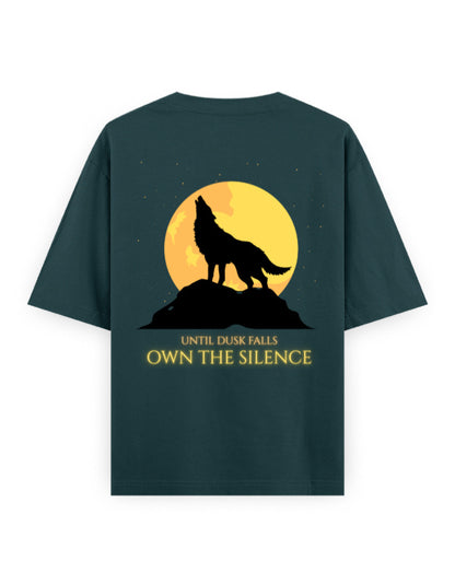 until dusk falls own the silence graphic petrol-blue oversized tee